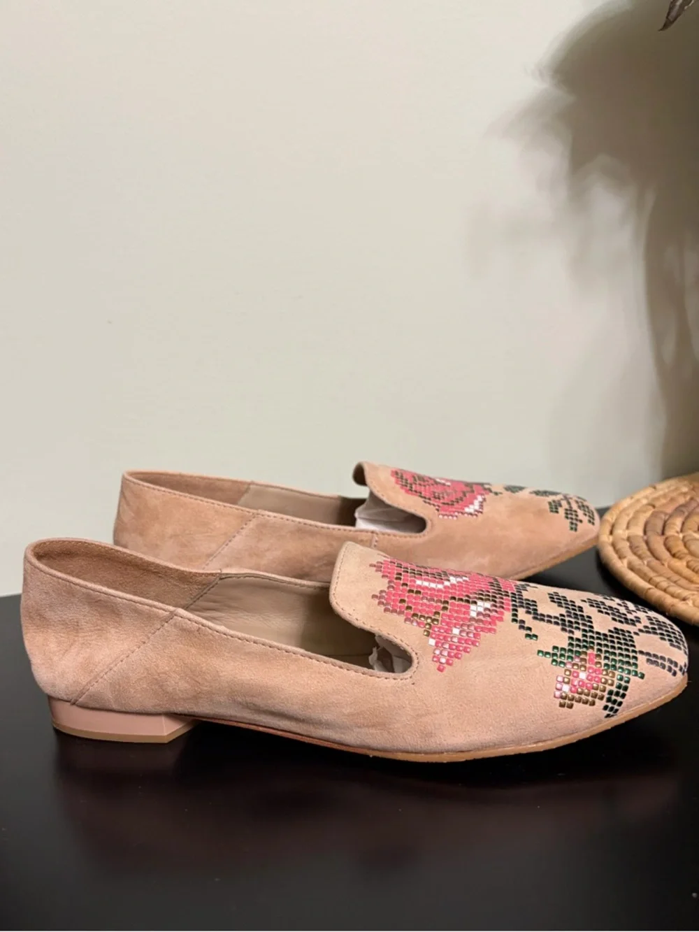 DONALD PLINER Tan suede Floral Embellished Hiro Flats 7